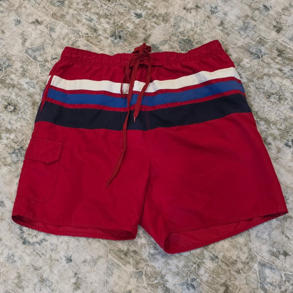 Castaways Mens Red Striped Swim Trunks Mesh Lined Board Shorts Size L 36-38
